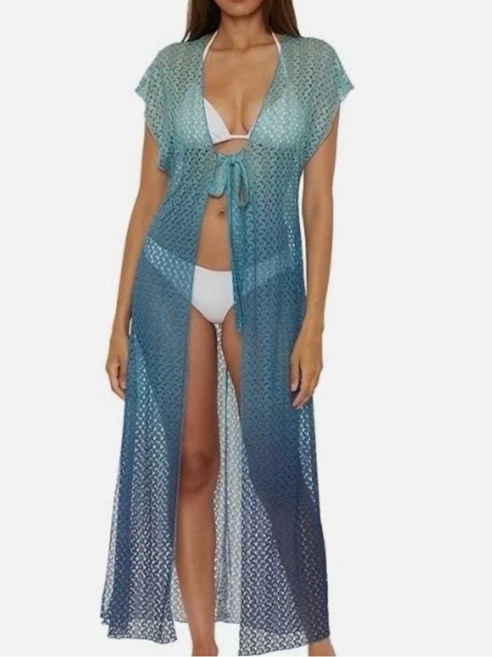 BECCA by Rebecca Virtue Metallic Crochet Maxi Swim Cover Up M/M Blue Silver NEW